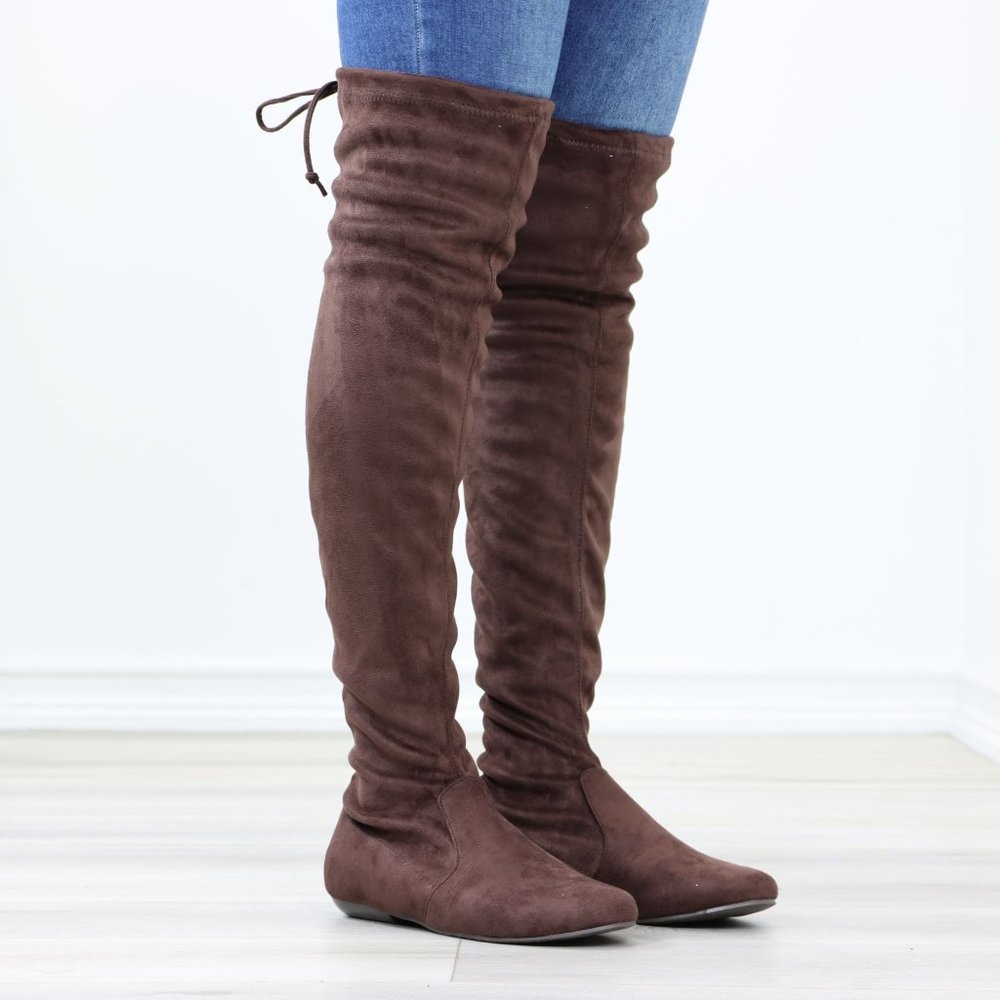 Brown Thigh High Over The Knee Flat Boots Faux Suede - Picture 3 of 13